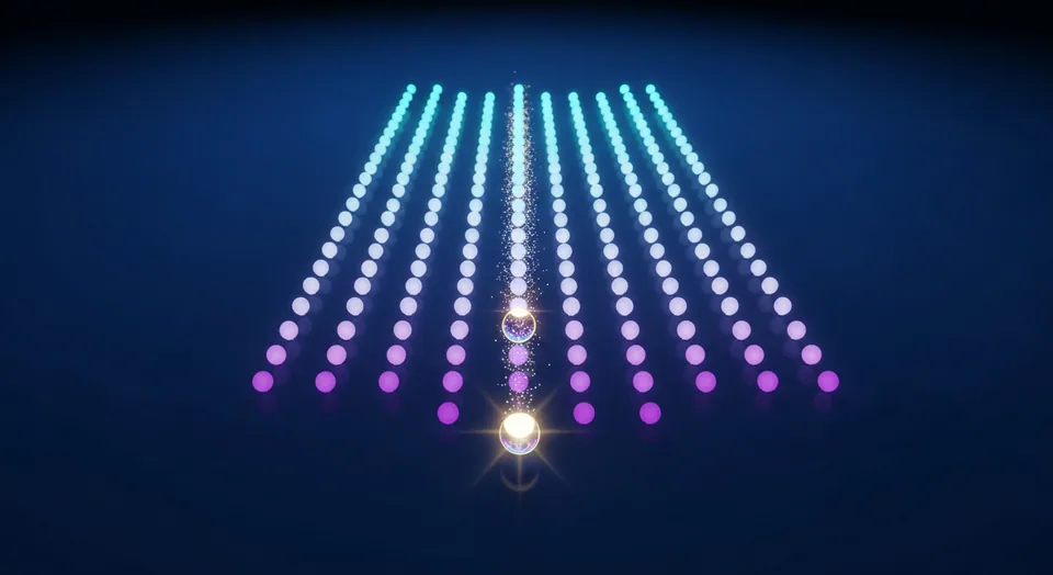 A luminous token descending through the Pixel Plunge game board.